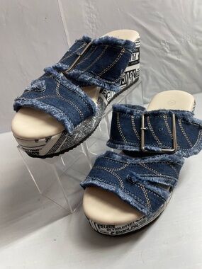 Denim Frayed Double-Band Slide wedge Sandals - Blue size 40